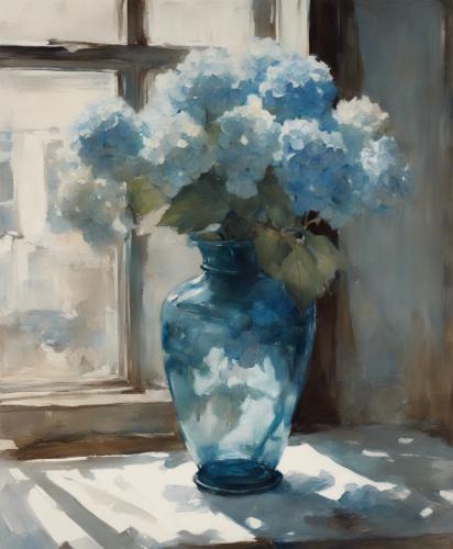 Still-life-with-a-glass-vase-containing-ten-blue-Hydrangea-placed-by-a-window-viewed-diagonally-fro-1