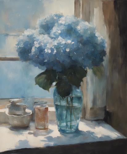 Still-life-with-a-glass-vase-containing-ten-blue-Hydrangea-placed-by-a-window-viewed-diagonally-fro-2