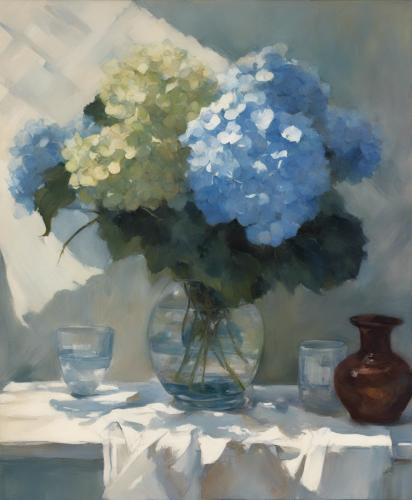 Still-life-with-a-glass-vase-containing-ten-blue-Hydrangea-placed-by-a-window-viewed-diagonally-fro-3