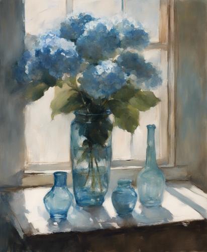 Still-life-with-a-glass-vase-containing-ten-blue-Hydrangea-placed-by-a-window-viewed-diagonally-fro