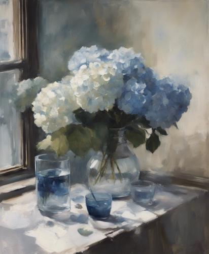 Still-life-with-a-glass-vase-containing-ten-blue-white-perple-Hydrangea-placed-by-a-window-viewed-d-1
