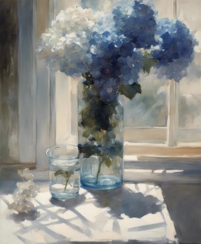 Still-life-with-a-glass-vase-containing-ten-blue-white-perple-Hydrangea-placed-by-a-window-viewed-d-2