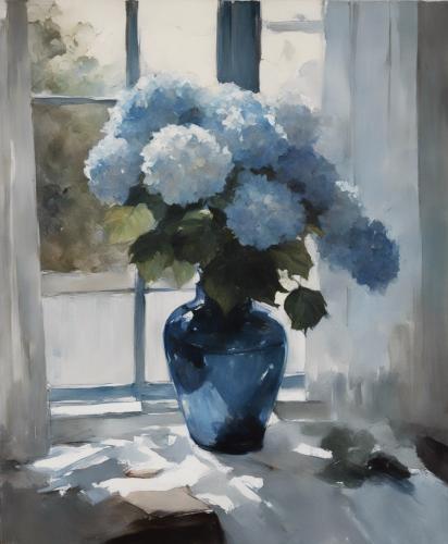 Still-life-with-a-glass-vase-containing-ten-blue-white-perple-Hydrangea-placed-by-a-window-viewed-d-3
