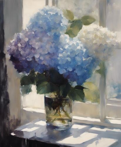 Still-life-with-a-glass-vase-containing-ten-blue-white-perple-Hydrangea-placed-by-a-window-viewed-d